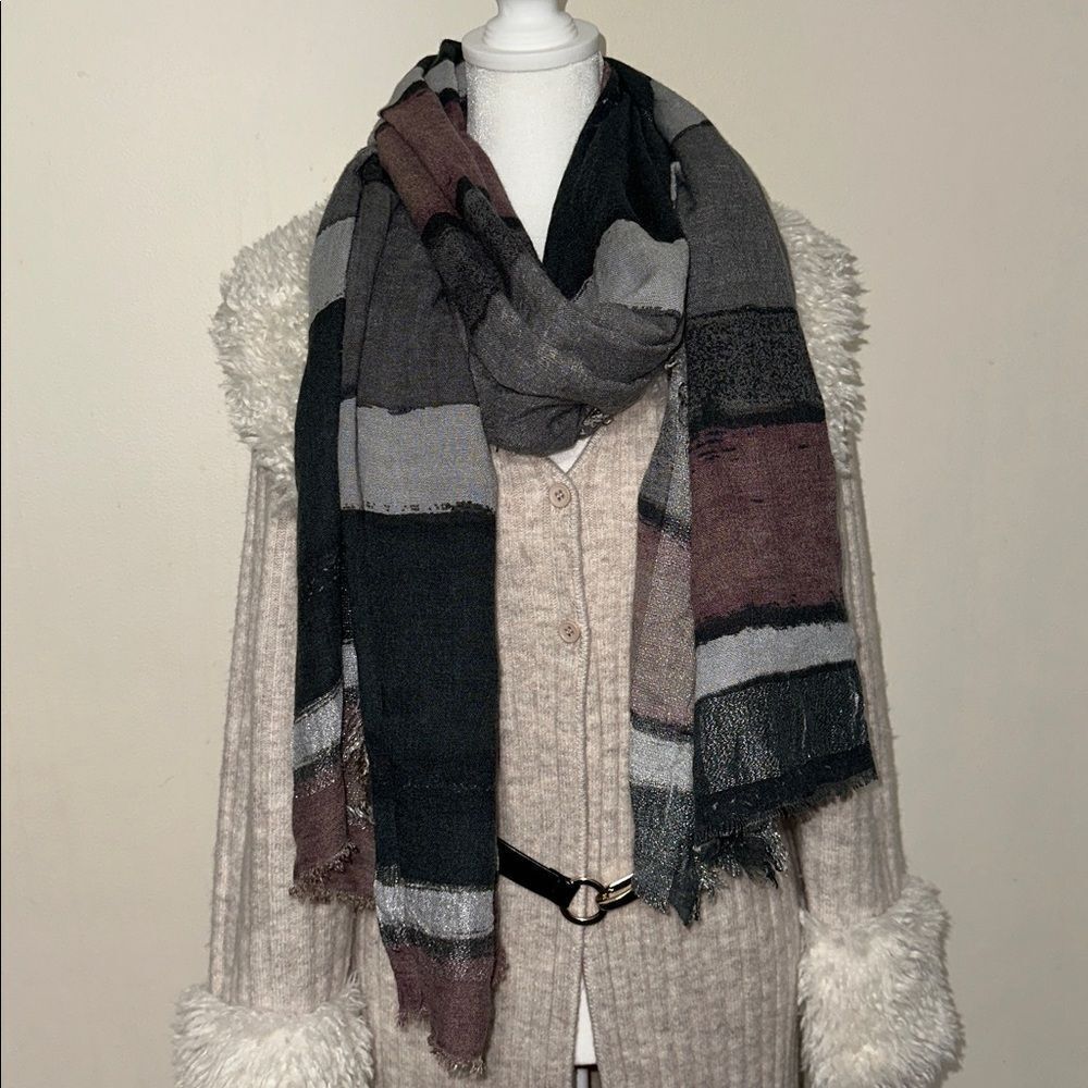MIXIT Oblong Silver Gray Pink Metallic Watercolor Lightweight Fringe Scarf